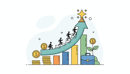 Conceptual illustration of career growth and financial success, depicting a staircase leading to a golden trophy and stars, with figures climbing, coins, a briefcase, and a growing money plant