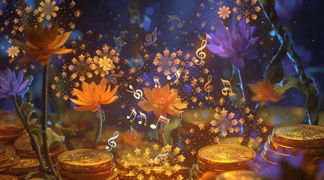 Animated 3D scene of Lakshmi&rsquo;s coins, Saraswati&rsquo;s music notes, and Parvati&rsquo;s flowers transforming into glowing spiritual energy, symbolizing wealth, wisdom, and divine harmony.
