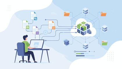 Fototapeta premium Modern digital document management system concept with a person working on a laptop connected to cloud storage and data flow, illustrating technology and business processes with organized files and