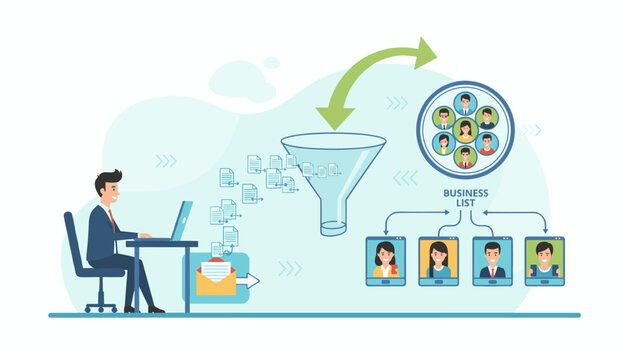 Conceptual diagram illustrating the process of email marketing or newsletter campaigns, showing data flow from a person working on a laptop to a funnel, and then to a business list with individual