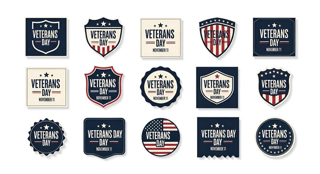 Veterans Day badges labels and emblems with American flags and patriotic designs