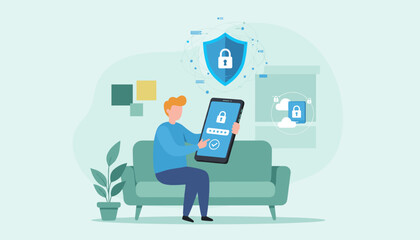 Modern flat illustration of a person sitting on a sofa, using a smartphone to log in with a password, symbolizing digital security, data protection, and online privacy with a shield icon and cloud