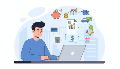 Young man using a laptop to manage personal finances, illustrating concepts of loans, savings, investments, and financial planning with icons for piggy bank, house, car, graduation cap, credit card