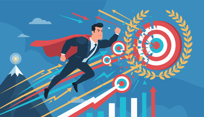 Dynamic illustration of a superhero businessman in a red cape soaring through the sky, symbolizing ambition, success, and achieving business goals with a target and growth charts in the background