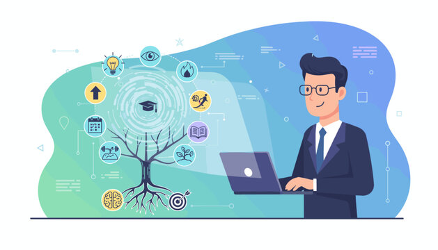 Personal growth concept illustration with a businessman using a laptop, surrounded by icons representing creativity, vision, motivation, education, and development, symbolizing a journey of - Powered by Adobe