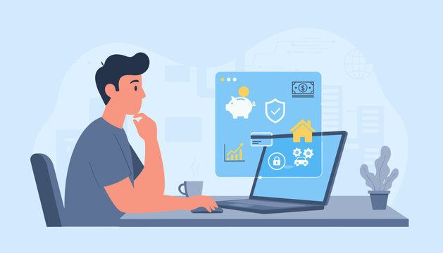 Young man thoughtfully contemplating financial planning on his laptop, with icons representing savings, security, investment growth, and loans displayed on the screen, symbolizing personal finance