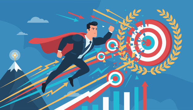Dynamic illustration of a superhero businessman in a red cape soaring through the sky, symbolizing ambition, success, and achieving business goals with a target and growth charts in the background
