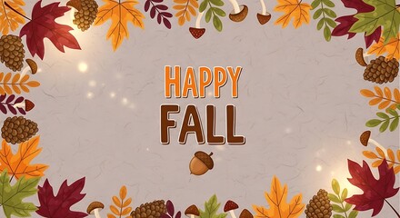 Celebrate happy fall season with vibrant autumn leaves, pine cones, and mushrooms for seasonal greetings