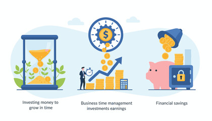 Conceptual illustration of financial growth and management, featuring an hourglass with coins, a business person analyzing a rising graph of stacked coins with a calculator, and a piggy bank with a