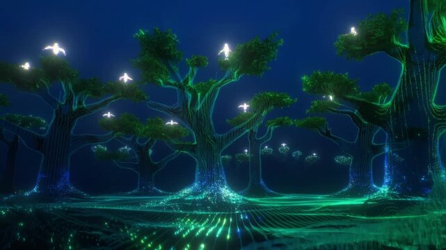 A virtual forest grows in front of the viewer: binary code rains down, forming roots, trunks, leaves. Within seconds, a massive biome blooms.