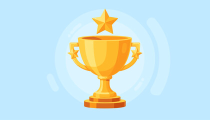 A gleaming golden 3D trophy cup, adorned with stars on its handles and a prominent star atop, stands as a symbol of achievement and victory against a soft blue background with subtle circular