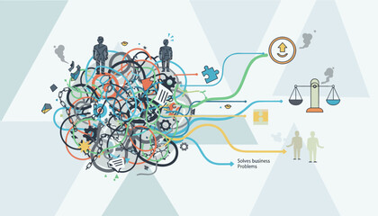 Abstract illustration of a complex, tangled mess of gears, chains, and abstract shapes representing business challenges, with colorful lines leading to solutions like puzzle pieces, a scale of