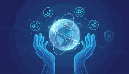 Abstract digital illustration of two glowing blue robotic hands gently cradling a luminous globe crisscrossed with glowing network lines, symbolizing global connectivity, technology, and data