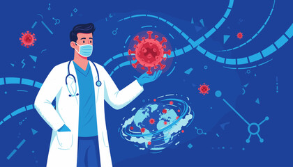 Abstract healthcare concept with a doctor wearing a mask and stethoscope holding a COVID-19 virus model, surrounded by scientific elements and a stylized Earth, symbolizing global pandemic and