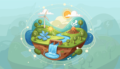 Vibrant abstract illustration showcasing a miniature ecosystem powered by renewable energy sources, featuring solar panels, wind turbines, and geothermal activity, symbolizing sustainability and