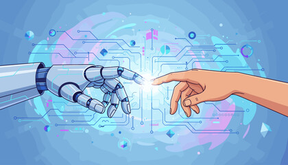 Futuristic digital art depicting the moment of connection between a robotic hand and a human hand, symbolizing the convergence of artificial intelligence and humanity, set against a backdrop of