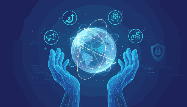 Abstract digital illustration of two glowing blue robotic hands gently cradling a luminous globe crisscrossed with glowing network lines, symbolizing global connectivity, technology, and data