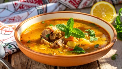 Traditional Algerian Chorba Soup with Mint and Lemon in Earthenware Bowl – North African Cuisine Photography