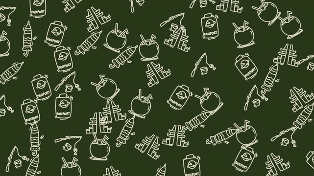 Whimsical Doodle Pattern of Science and Medical Icons on Dark Green Background.