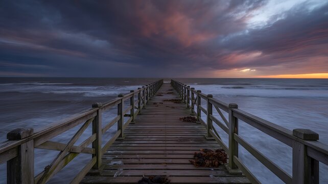 Old wooden pier stretching into the stormy sea at sunset with dramatic clouds and waves