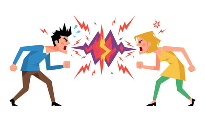 Vivid illustration of a couple in a heated argument, with angry expressions, clenched fists, and explosive energy radiating between them, symbolizing conflict and disagreement on a clean white