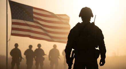 Silhouette of American soldiers with USA flag patriotism and military concept