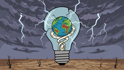 Conceptual illustration of a cracked light bulb containing the Earth, symbolizing environmental crisis, with a dramatic stormy sky, lightning strikes, and a barren, drought-stricken landscape below