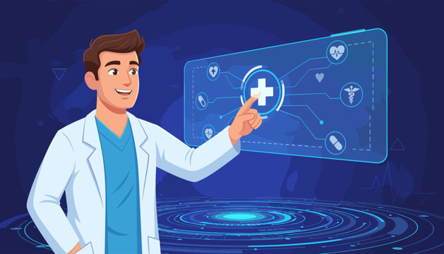 Smiling male doctor in white lab coat interacting with a futuristic holographic medical interface displaying icons for heart rate, caduceus, pill, and a large plus sign, representing advanced