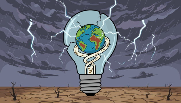 Conceptual illustration of a cracked light bulb containing the Earth, symbolizing environmental crisis, with a dramatic stormy sky, lightning strikes, and a barren, drought-stricken landscape below