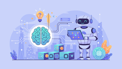 Vibrant illustration of a friendly robot interacting with a digital brain and circuit board elements, symbolizing artificial intelligence, machine learning, and technological innovation in a modern