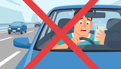 Distracted driver texting on smartphone while driving a car on a busy highway, causing panic and danger, with a large red prohibition sign indicating it is forbidden and unsafe behavior, emphasizing