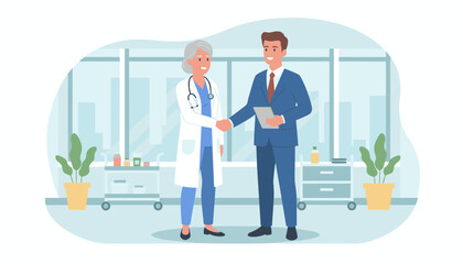 Mature female doctor in white coat and stethoscope shakes hands with a smiling businessman in a blue suit holding a tablet, representing a successful healthcare partnership or medical consultation in