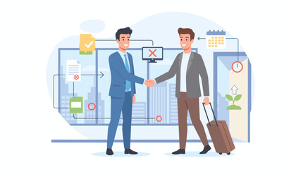 Business professionals shaking hands in a modern office setting, symbolizing a successful offboarding process with documents, calendar, and growth icons representing transition and future prospects