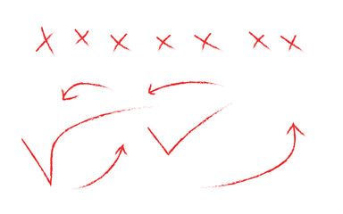 Vector art of hand drawn red check mark, cross mark, and arrow