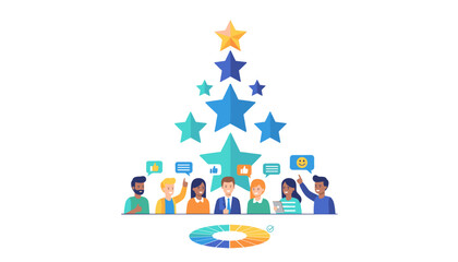 Diverse group of people celebrating success and positive feedback with stars and speech bubbles, symbolizing excellent performance, customer satisfaction, and achievement, isolated on a clean white