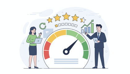 Business professionals conducting employee evaluation and performance review, using a dashboard with a speedometer, star ratings, and growth charts to assess success and identify areas for