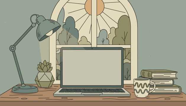 Cozy home office scene with a laptop featuring a blank screen, a desk lamp illuminating the workspace, a potted succulent, a stack of books, and a mug of coffee, all set against a window view of