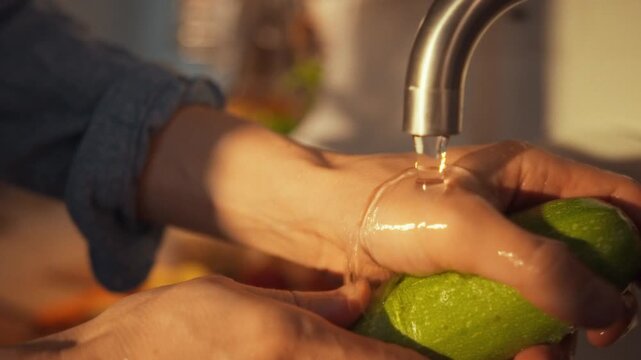In a cozy kitchen, fresh zucchini and champignons are being washed under running tap water. The hands carefully hold the vegetables, ensuring they are clean for cooking