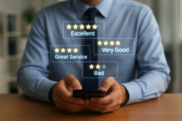 A person in a blue shirt holds a smartphone, providing feedback or service rating with excellent, very good, and bad options, showcasing customer satisfaction and quality evaluation