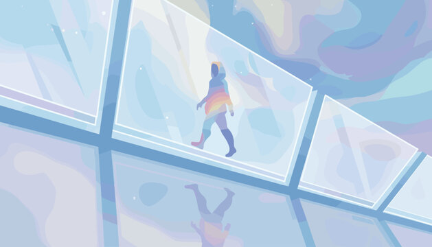 A person with a rainbow-colored silhouette walks on a transparent glass walkway, viewed from below, with a soft, blurred sky and clouds in pastel colors creating a dreamlike and ethereal atmosphere