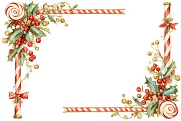 Festive candy cane and holly border design, perfect for holiday invitations, greeting cards, or seasonal decorations, Its cheerful elements add a touch of joy to any Christmas-themed project,