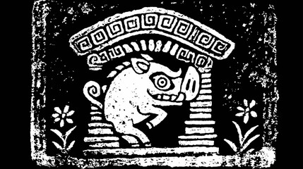 Rustic black and white wild boar woodcut graphic. Primitive stylized animal illustration in a tribal archway, ancient art inspired.