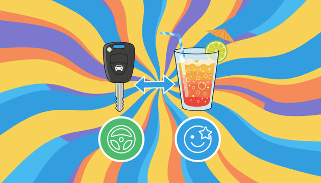 Conceptual illustration of responsible drinking and driving, depicting a car key and a refreshing alcoholic cocktail with a lime and umbrella, symbolizing the choice between driving and enjoying a