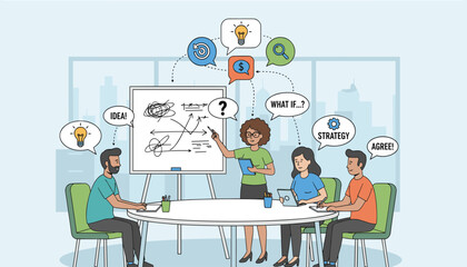 Diverse team of professionals collaborating in a modern office meeting, brainstorming ideas, discussing strategy, and reaching agreements around a conference table, with visual aids like a whiteboard