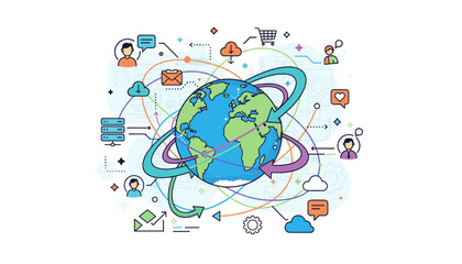 Vibrant illustration of a global business network, showcasing interconnected data exchange with diverse icons representing communication, cloud computing, servers, shopping carts, and social media