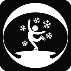 A black and white icon of a snow globe with a skater isolated on white background