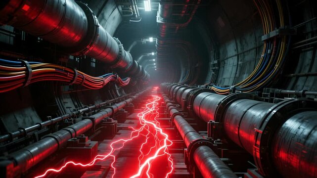Futuristic tunnel red energy industrial pipe corridor sci fi cyberpunk underground glow pulse tension steel cables moody perspective dark neon metal