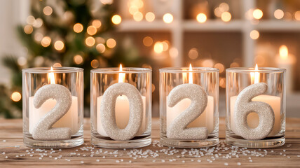 Composition with candles and numbers 2026, soft bokeh in the background, cozy winter decor.