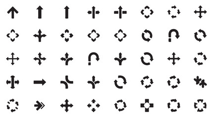 Arrows Glyph Icons – Direction, Move, Pointer, Rotate, Turn, Return, Expand, Merge, Diverge. Black Silhouette Vector Pictograms for Navigation, UI, and Design Projects.