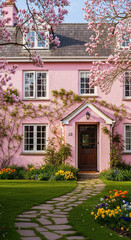 Charming Pink English Cottage with a Blooming Spring Garden.
